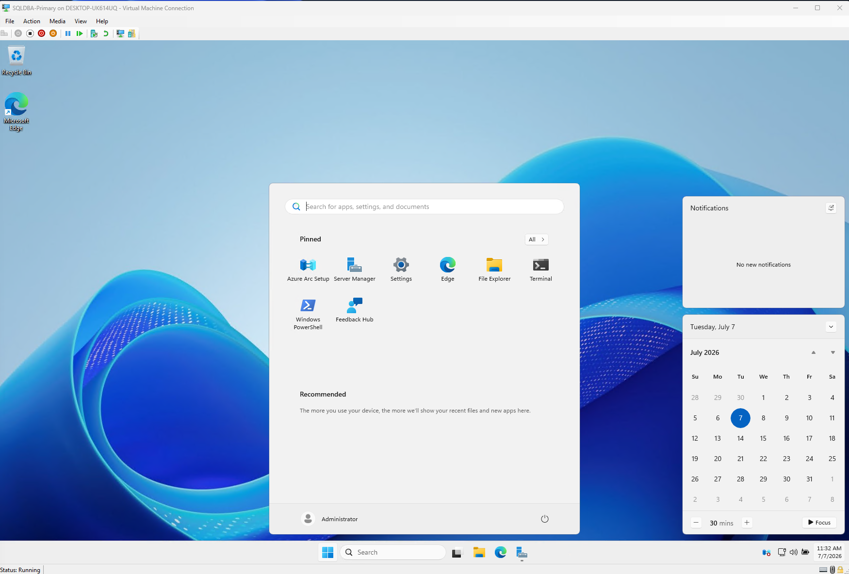 SQLDBA-Primary VM booted to the Windows Server desktop for the first time