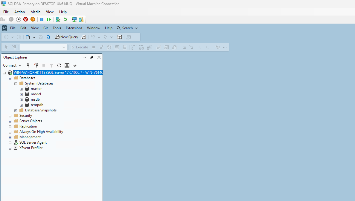 SSMS connected to the SQLDBA-Primary SQL Server instance