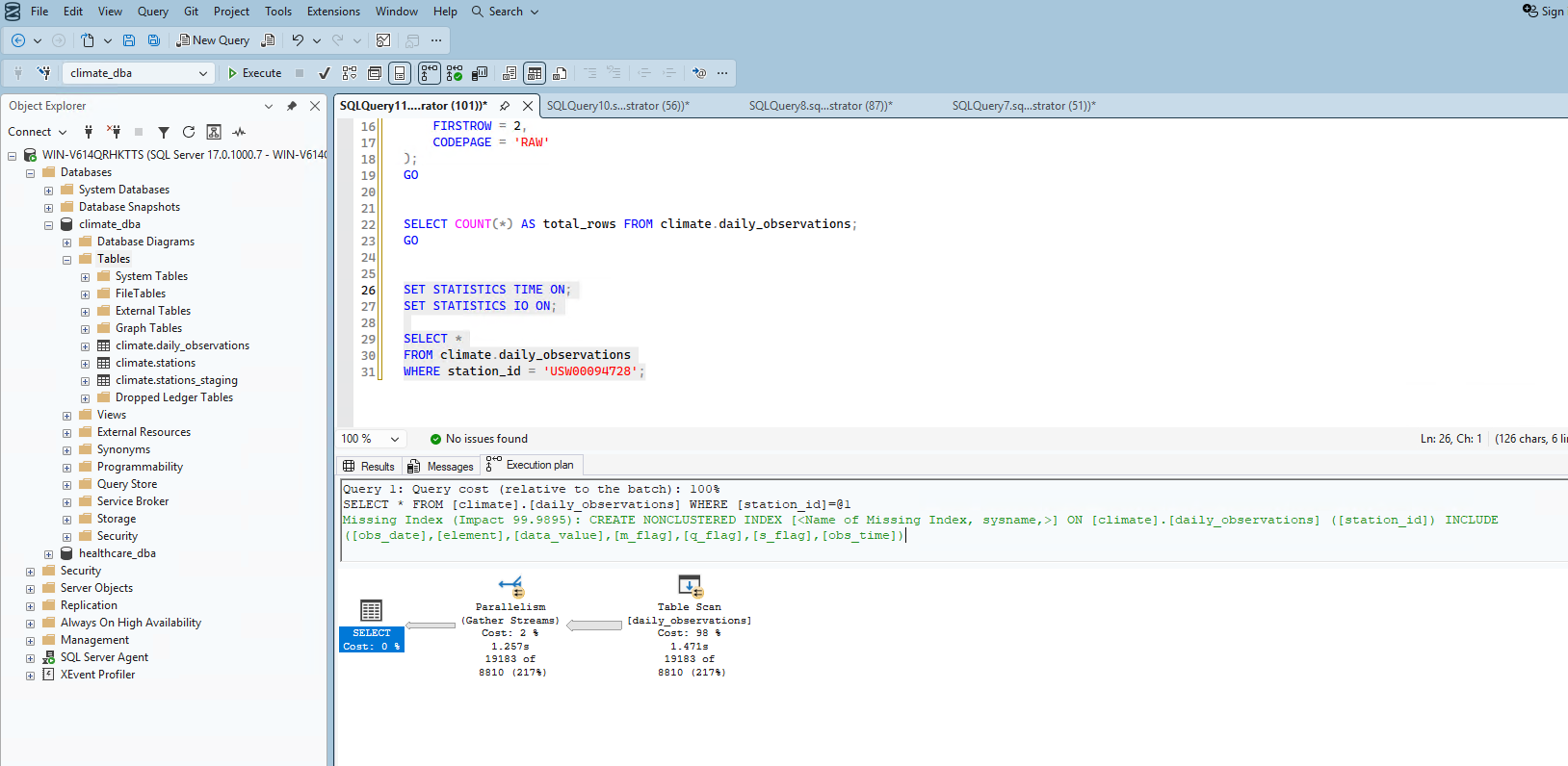 Query 1 execution plan showing Table Scan