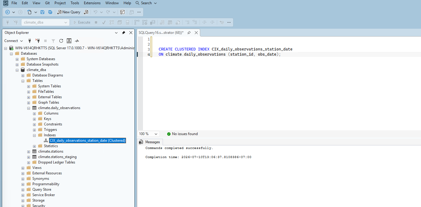 Clustered index created successfully