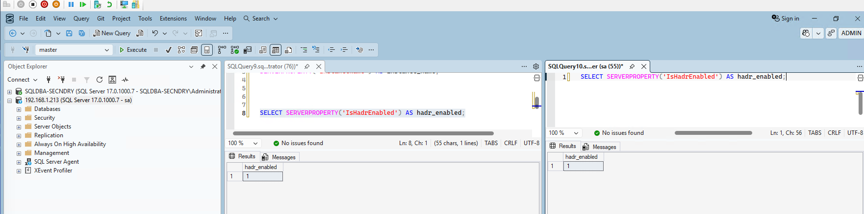 HADR enabled on both instances
